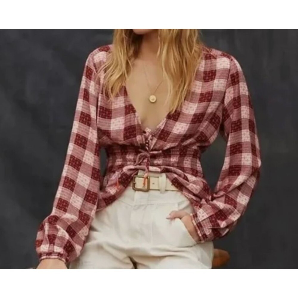 Anthropologie Pilcro Red Plaid Peasant Top Embroidered Smocked Deep V-Neck Small